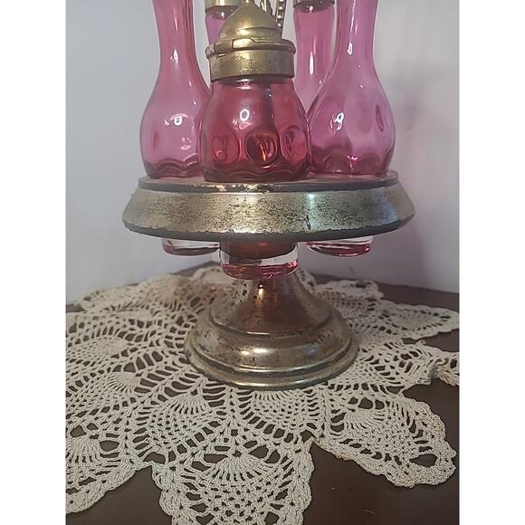 Vintage Cruet Simpson Hall Miller Quad Silverplate Cranberry Cut Glass Decor DIY - Picture 6 of 16